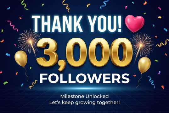 3,000 followers thank you celebration banner, golden 3000 milestone numbers with confetti, social media achievement graphic on dark blue background