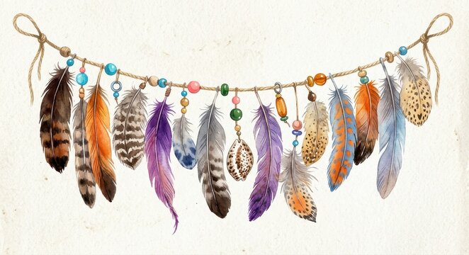 Bohemian watercolor feather garland with colorful beads, rustic tribal bird feathers hanging on twine, ethnic boho chic decorative bunting