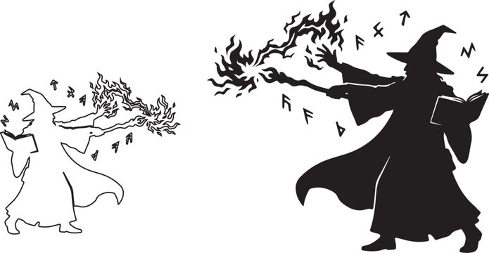 Wizard, magic, sorcerer, black silhouette, vector icons, mystical, fantasy, illustration set