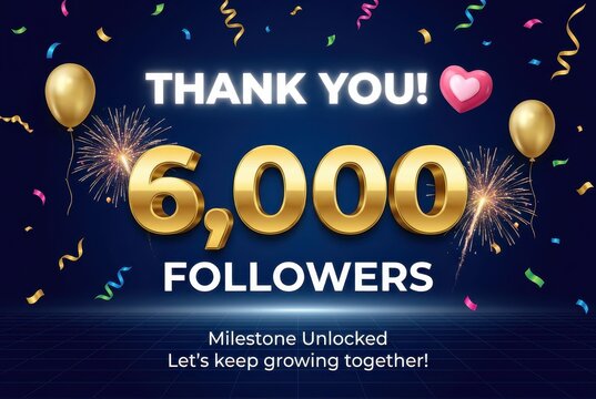 Golden 6000 followers celebration banner, thank you milestone achievement with 3D numbers, festive social media appreciation post with balloons