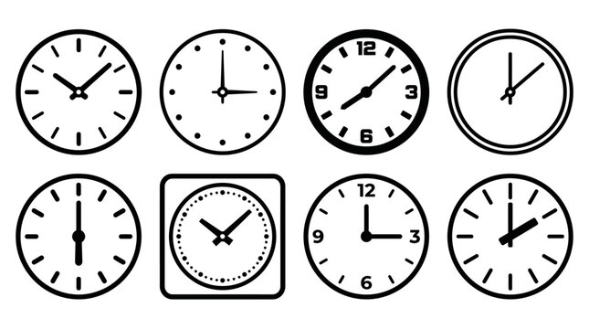 Time and clock icon set. Complete twelve hours pointed clockwise o'clock sharp vector illustration. Analog wall clocks icons set. Thin line designs style.