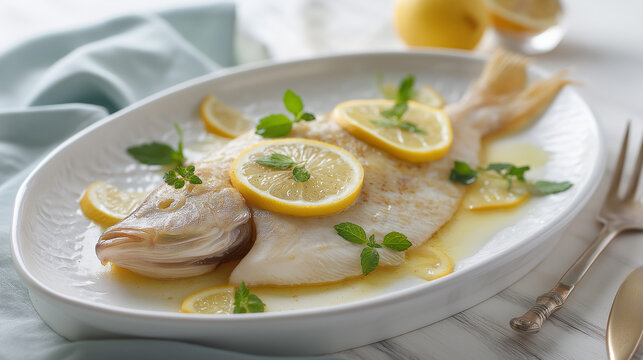turbot. A cooked whole turbot on a white porcelain plate with lemon slices and fresh herbs. menu design, packaging mockups, designed for culinary blogs and recipe cards for restaurants.