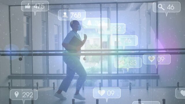 Medical worker entering from left, delivering folders while social icons and lens flare multiplying