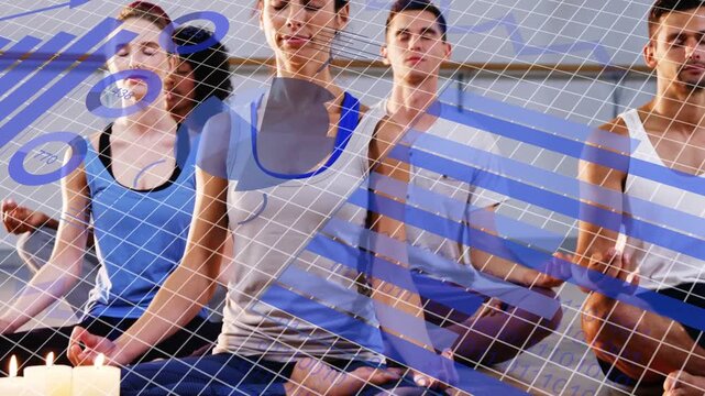 Guide cueing four adults meditating on mats in health studio, blue overlays sweeping, hiding faces