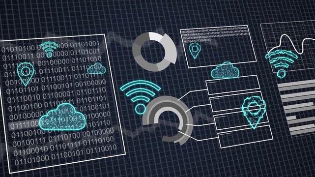 On load cluster animating: binary, WiFi expanding, rings pulsing, linking panels for network status