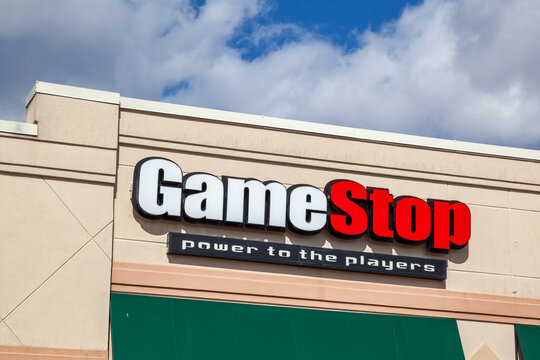 St. Louis, MO, USA - March 25, 2022: Close up of  GameStop store sign is shown. GameStop Corp. is an American video game, consumer electronics, and gaming merchandise retailer.