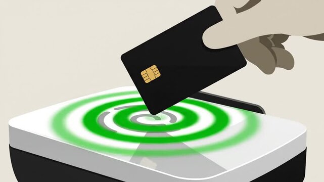 Animated hand places credit card over contactless payment terminal