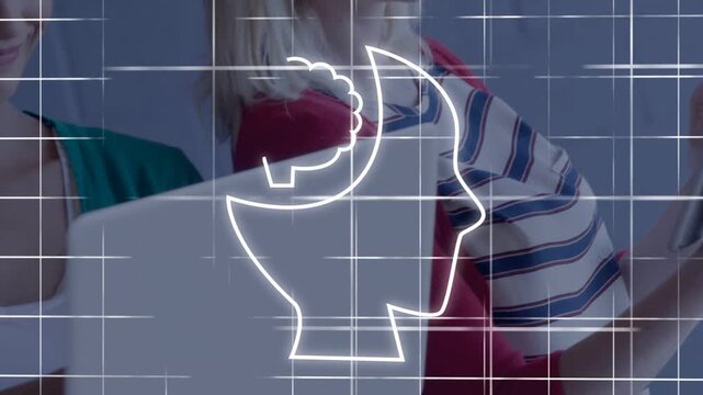 Two women tapping tablet adding laptop, starting grid; neon head animating brain AI binary, working