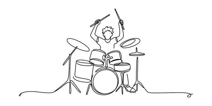 Continuous single line drawing of a energetic young man playing a drum set with drumsticks in a creative music performance style for concert or band design Vector, illustration