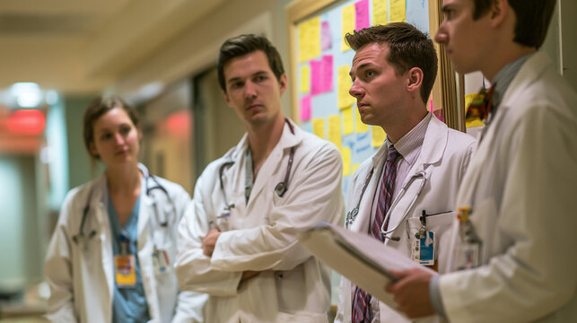 <Multidisciplinary Medical Team in Hospital Hallway Discusses Patient Care and Healthcare Strategies>