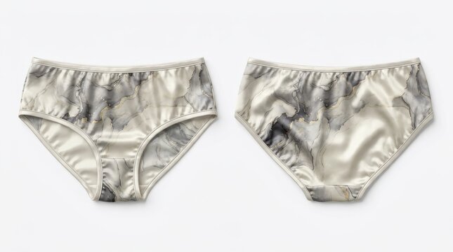 Elegant silk bikini underwear with a marbled abstract print, showcasing front and back views of the garment