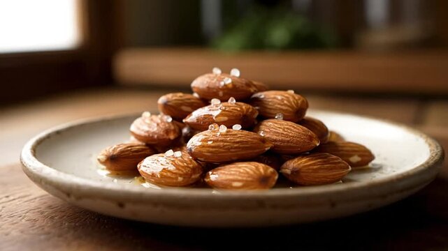 Savory roasted almonds seasoned with sea salt and drizzled with a rich honey glaze on a ceramic plate