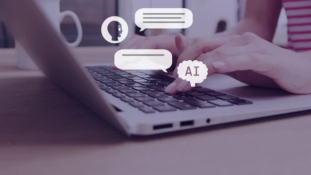 Hands typing on laptop, generating stacking chat bubbles by right-hand AI cloud managing tech chat