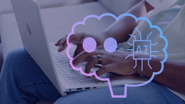 Man typing on white laptop, composing message and initiating animated AI brain cloud over hands