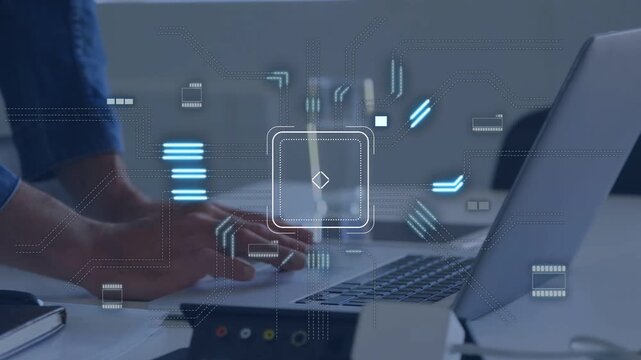 Man typing on laptop, activating animated circuit HUD over keyboard, visualizing tech data