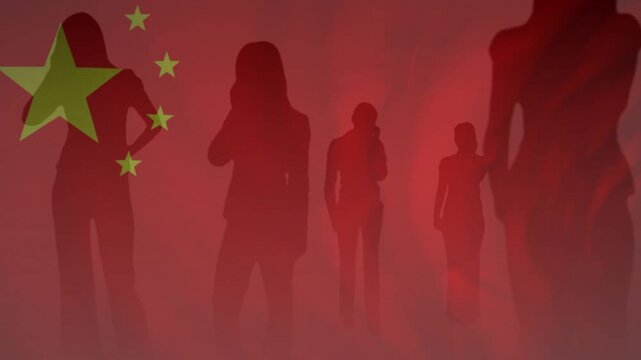 Red mist rising, five silhouettes defining, one stepping, phone gesture, forming national portrait