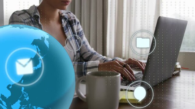 Woman typing at desk, starting globe, icons moving to laptop, writing pointing, managing tech comms