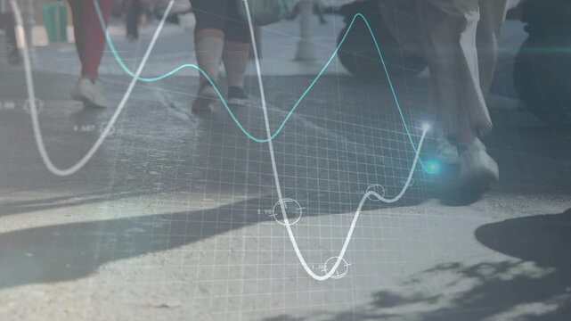 Pedestrians walking sidewalk, foot strikes syncing waveforms and grid, mapping cadence for mobility