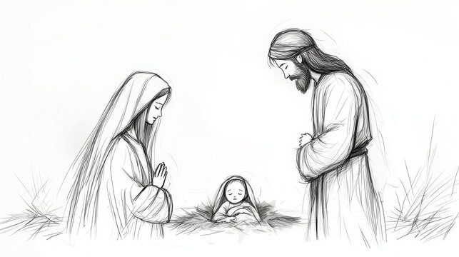 Artistic representation of the Holy Family during the nativity in Bethlehem.