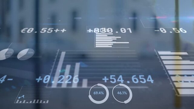 On load financial HUD animating, bars rising, dials shifting, tickers changing, showing market data