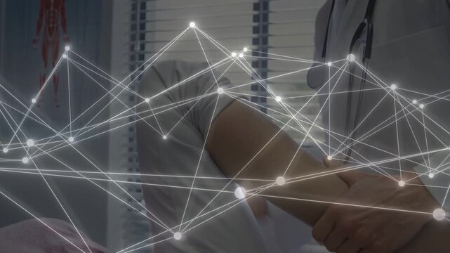 Med provider positioning patient's arm and bandaging forearm, network overlay shifting across hands