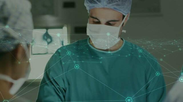 Lead male surgeon shifting gaze after colleague cue in surgical suite, teal HUD aiding coordination