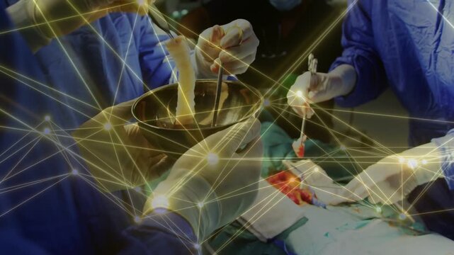 Surgeon lifting bloody gauze with forceps, team collecting in basin network overlay tracing motion