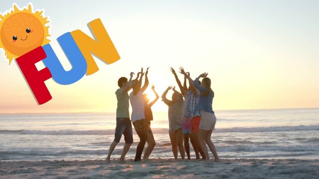 Friends circling beach at sunset raising arms FUN graphic entering left casting shadows for ads