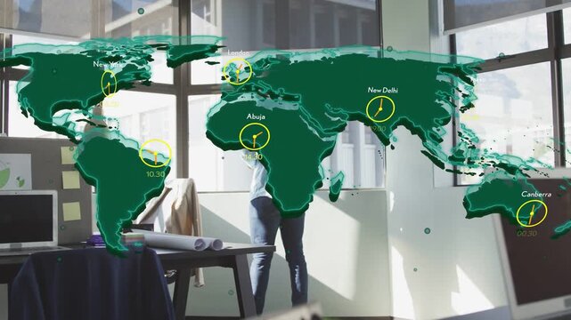 Architect shifting posture by window while world map overlay appearing, showing clocks for planning