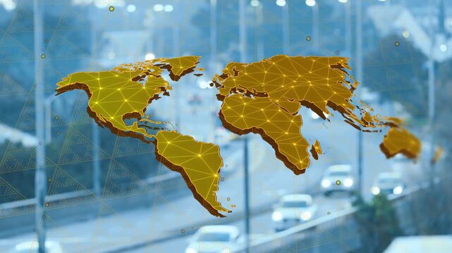 Upon overlay appearing on glass, gold 3D world map pulsing and rotating, showing global network