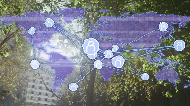 Sun glare activating purple map overlay avatar nodes forming and linking showing global connections