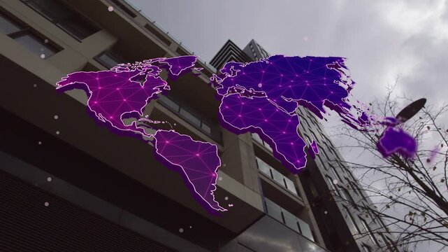 Purple map overlay appearing on start, drifting center, pulsing nodes, showing network over facade