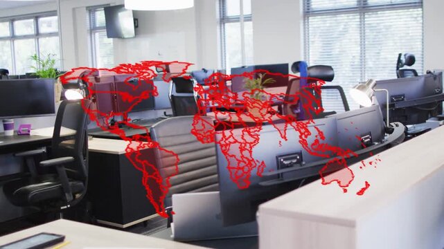 Map overlay appearing, empty desks showing red map streaks, rejoining to display global network