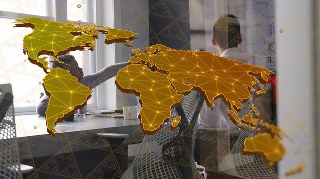 Business meeting via glass, left man reaching, passing file for review under gold world-map overlay