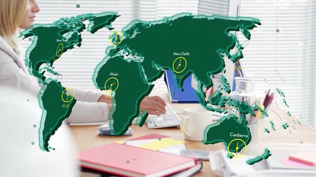 Woman typing at desk while world map appearing, pulsing with clocks, dots, syncing business times