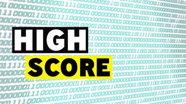 On play HIGH SCORE bars assembling, then shifting into squares over teal binary for title card