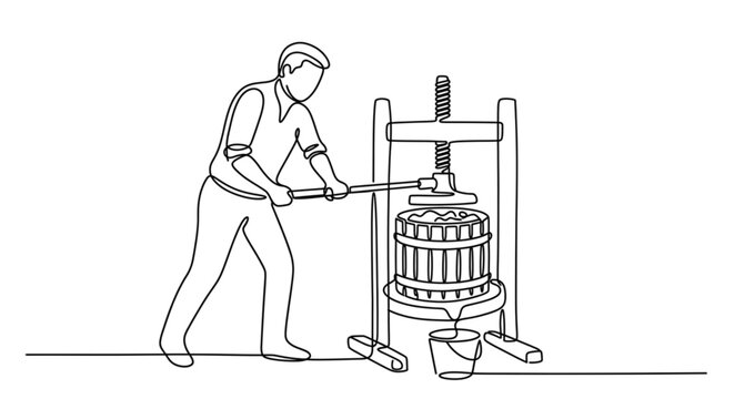 Man pressing apple mash with a cider press in a minimal style  