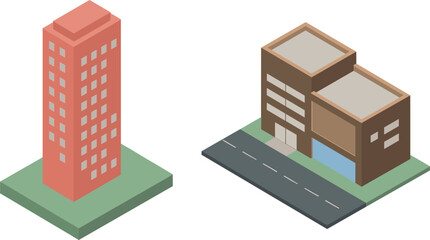Isometric City Buildings Featuring Modern High-Rise Tower and Contemporary Commercial Architecture Design © Mominul