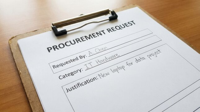 Procurement Request Form On Clipboard Close Up.
