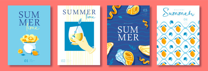 Obraz premium Set of summer Italian posters or covers with limoncello cocktail, flower pot, seafood and lemon pattern. Menu design. Vector illustration