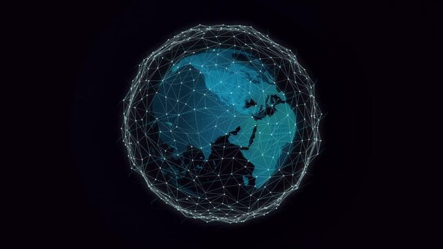 Digital globe rotating on play, revealing continents as network web pulsing, showing connectivity