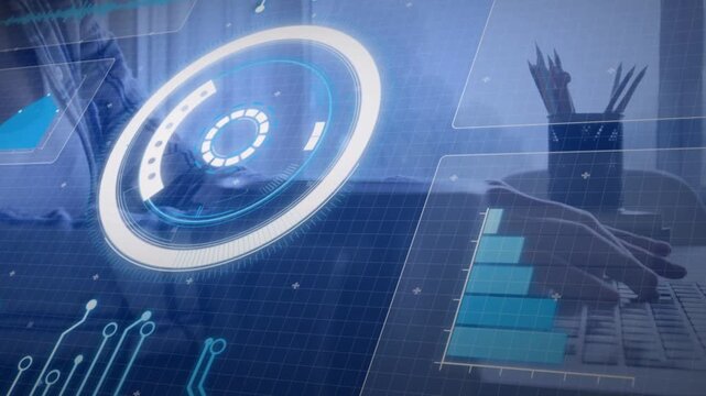 Woman typing on laptop, initiating HUD rotating and stacked chart filling overlaying hands for data