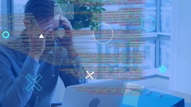 Man typing on laptop as code overlay intensifying, obscuring hands, pausing, resuming fixing bug
