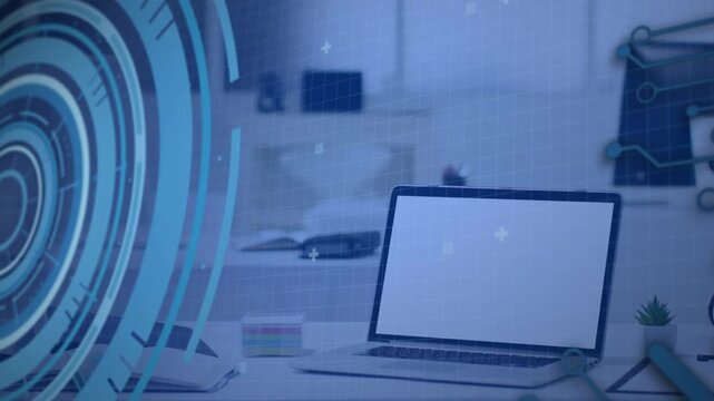 Programming text appearing, overlays sweeping over laptop, HUD rings pulsing, visualizing data flow