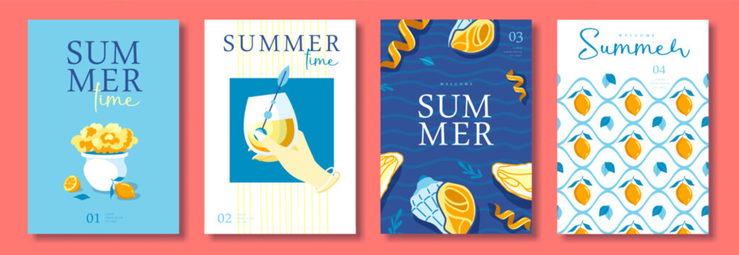 Set of summer Italian posters or covers with limoncello cocktail, flower pot, seafood and lemon pattern. Menu design. Vector illustration