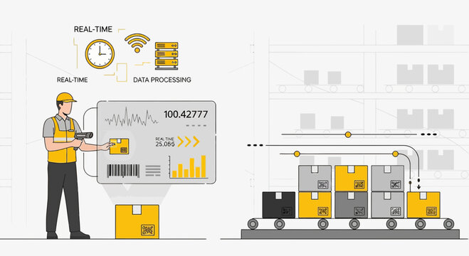 Warehouse Automation: Worker Scanning Boxes with Barcode Scanner and Conveyor System