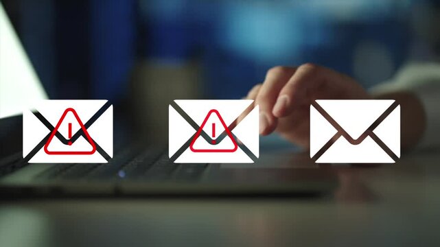 Emails alert spam virus message caution sign for notification on internet threat security. Harmful, junk mail and Trash, Spam email pop up warning.
