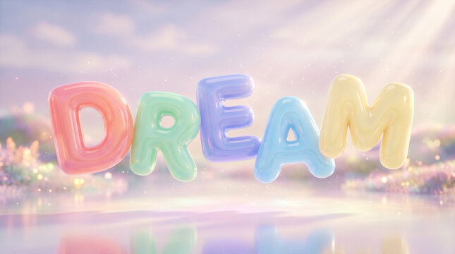 Cinematic scene with large inflated glossy bubble letters spelling 'DREAM' in pastel colors against a dreamy landscape