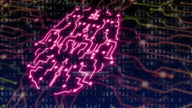 Magenta dots linking, neon cluster forming lattice, pulsing then dimming to show data flow