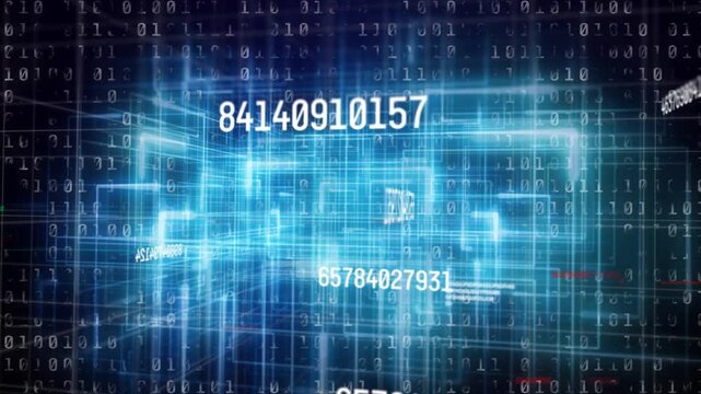 Cyan pulse rising, wireframe forming orbiting, digits sliding, binary filling, fading, showing data